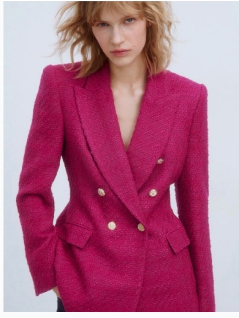Zara Fuchsia Pink Double-Breasted Tweed Blazer with Gold Buttons Size Small - Picture 3 of 14